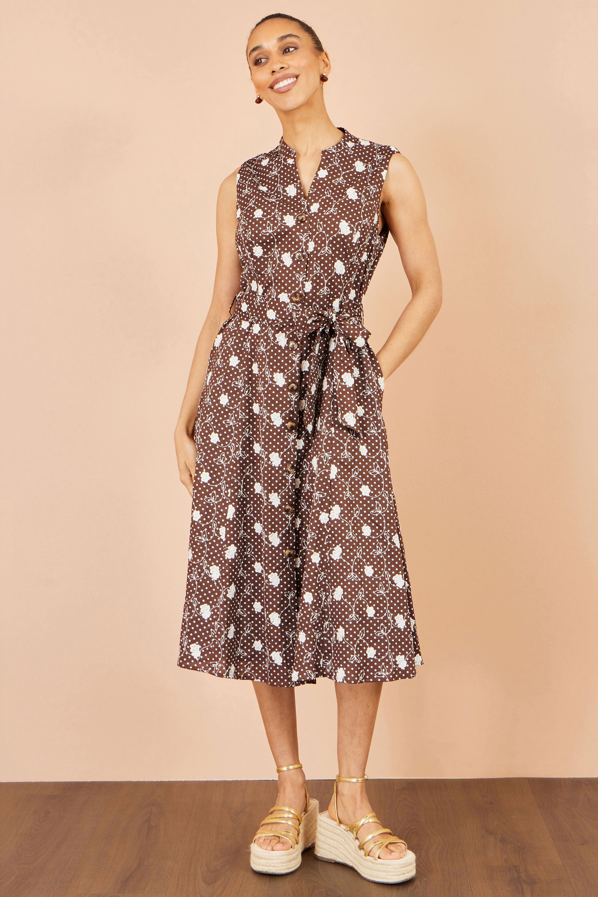 Brown Cotton Embroidery Shirt Dress