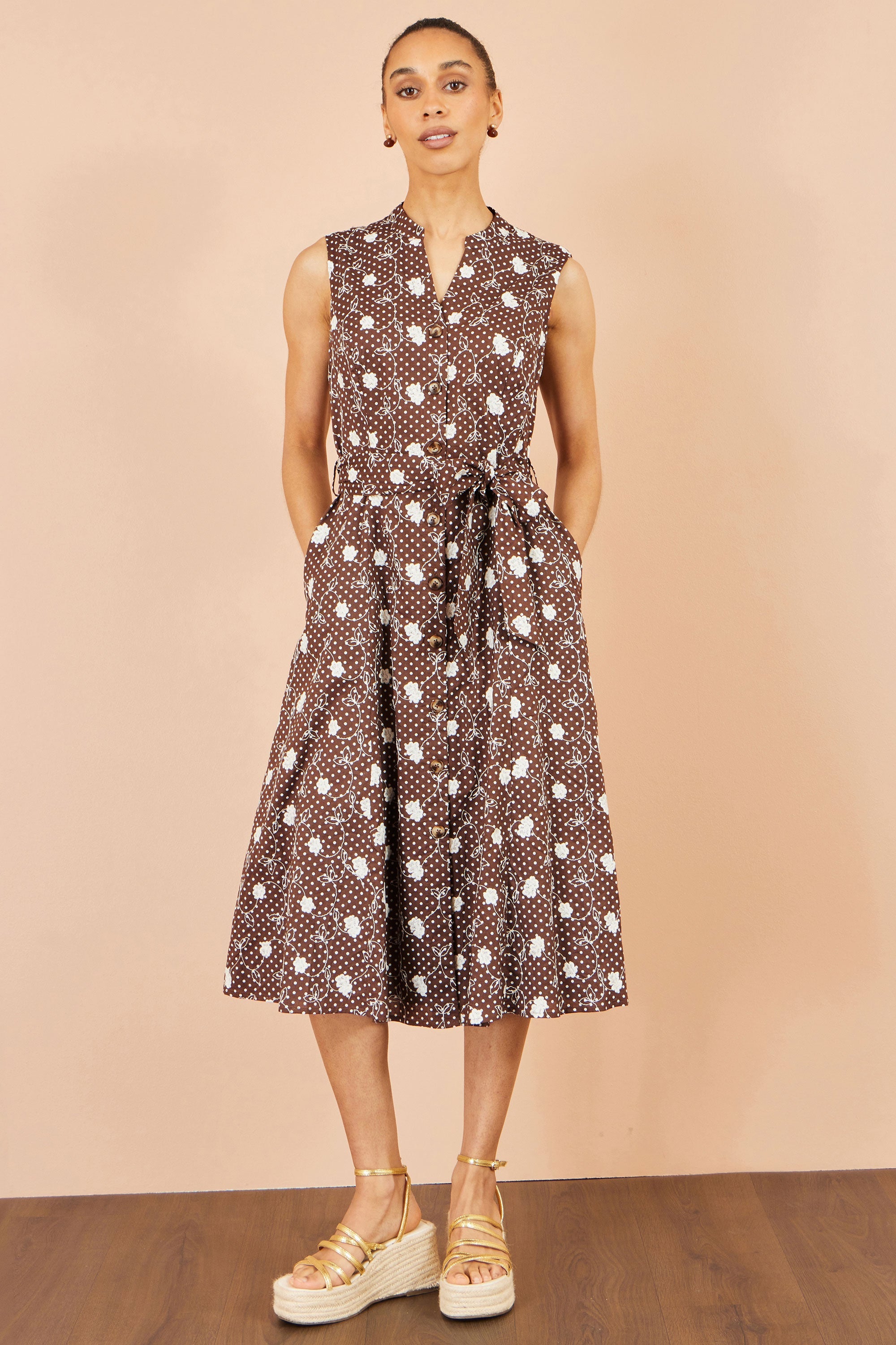 Brown Cotton Embroidery Shirt Dress