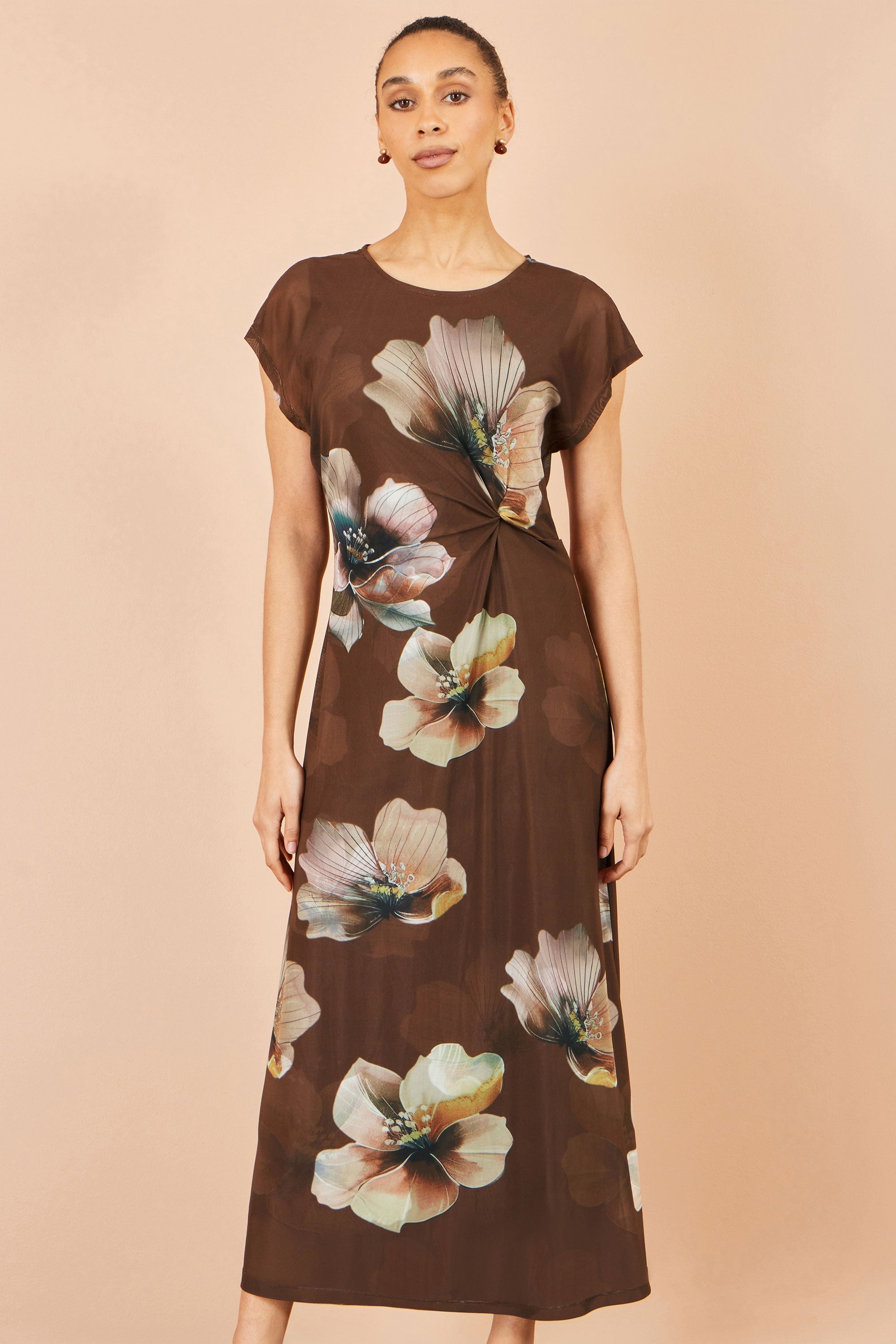 Brown Mesh Floral Midi Dress