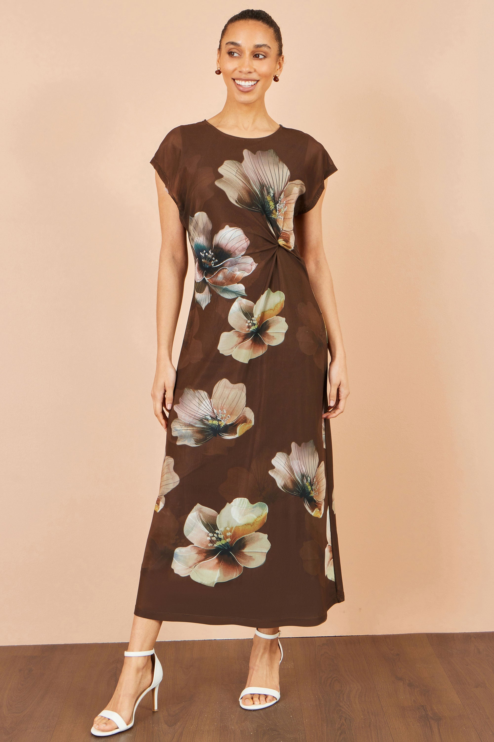 Brown Mesh Floral Midi Dress