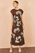 Brown Mesh Floral Midi Dress
