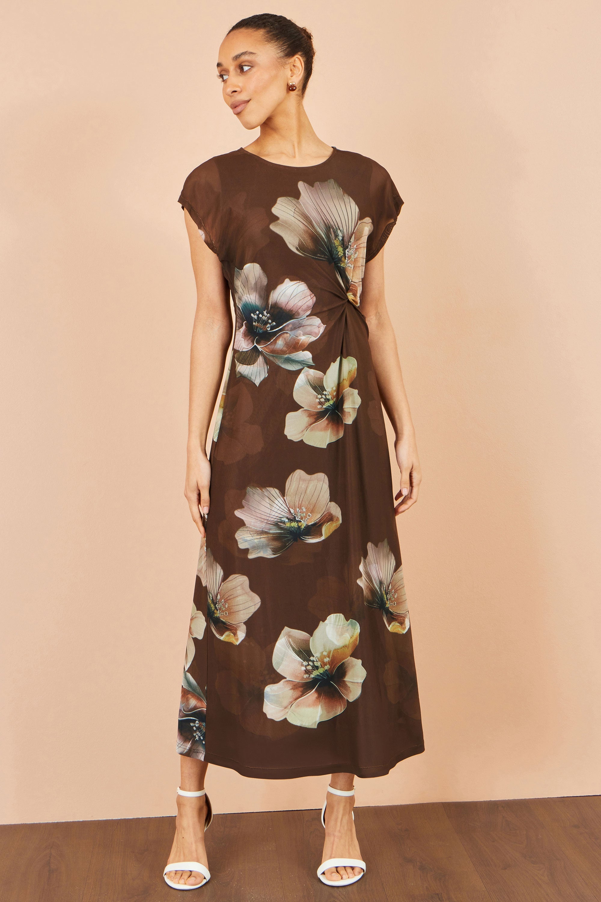 Brown Mesh Floral Midi Dress