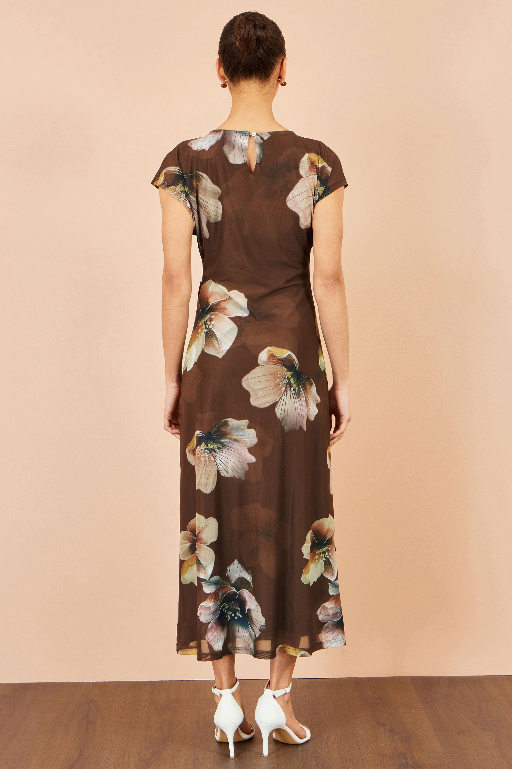 Brown Mesh Floral Midi Dress
