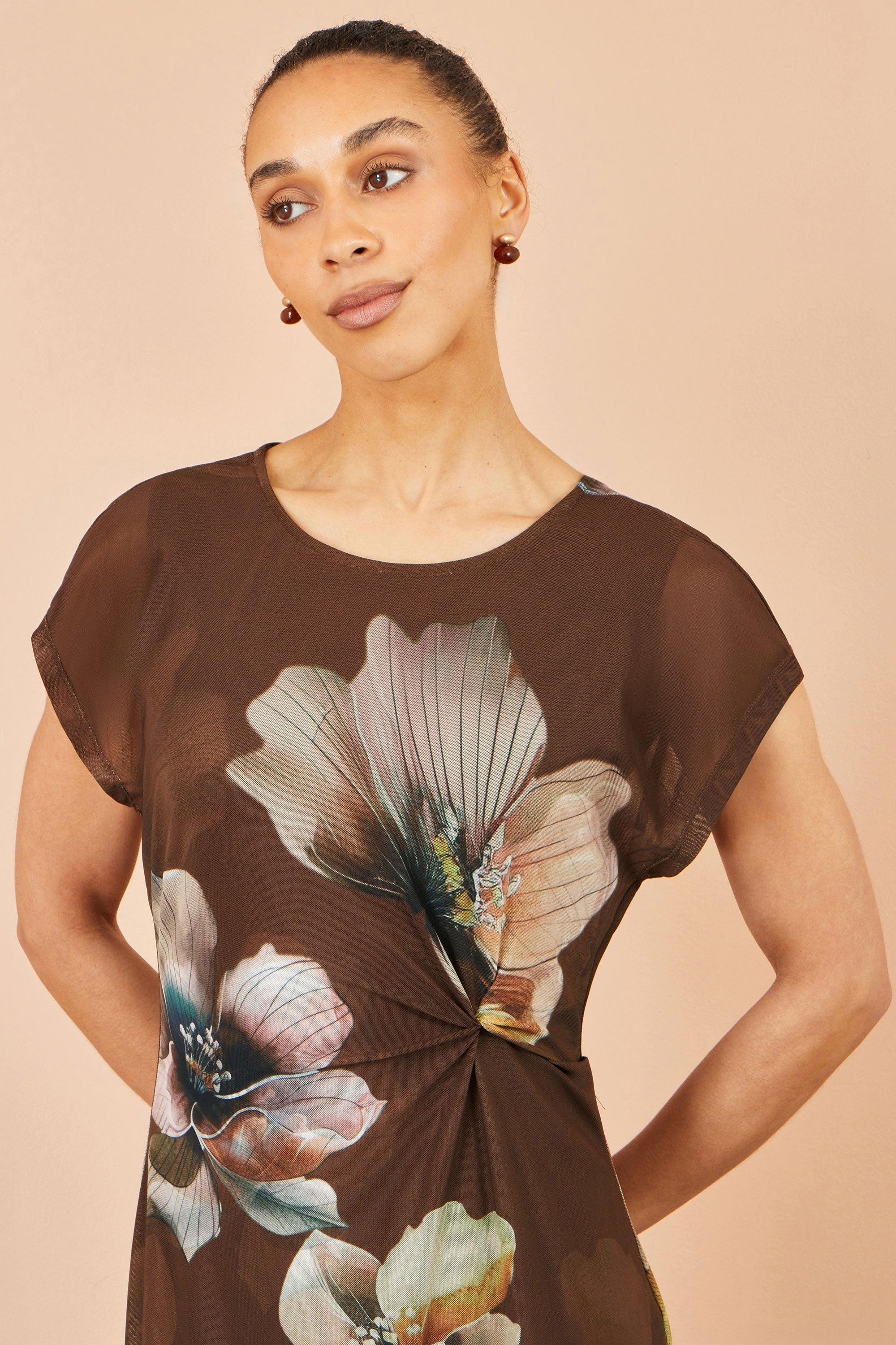 Brown Mesh Floral Midi Dress