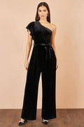 Black One Shoulder Velvet Jumpsuit