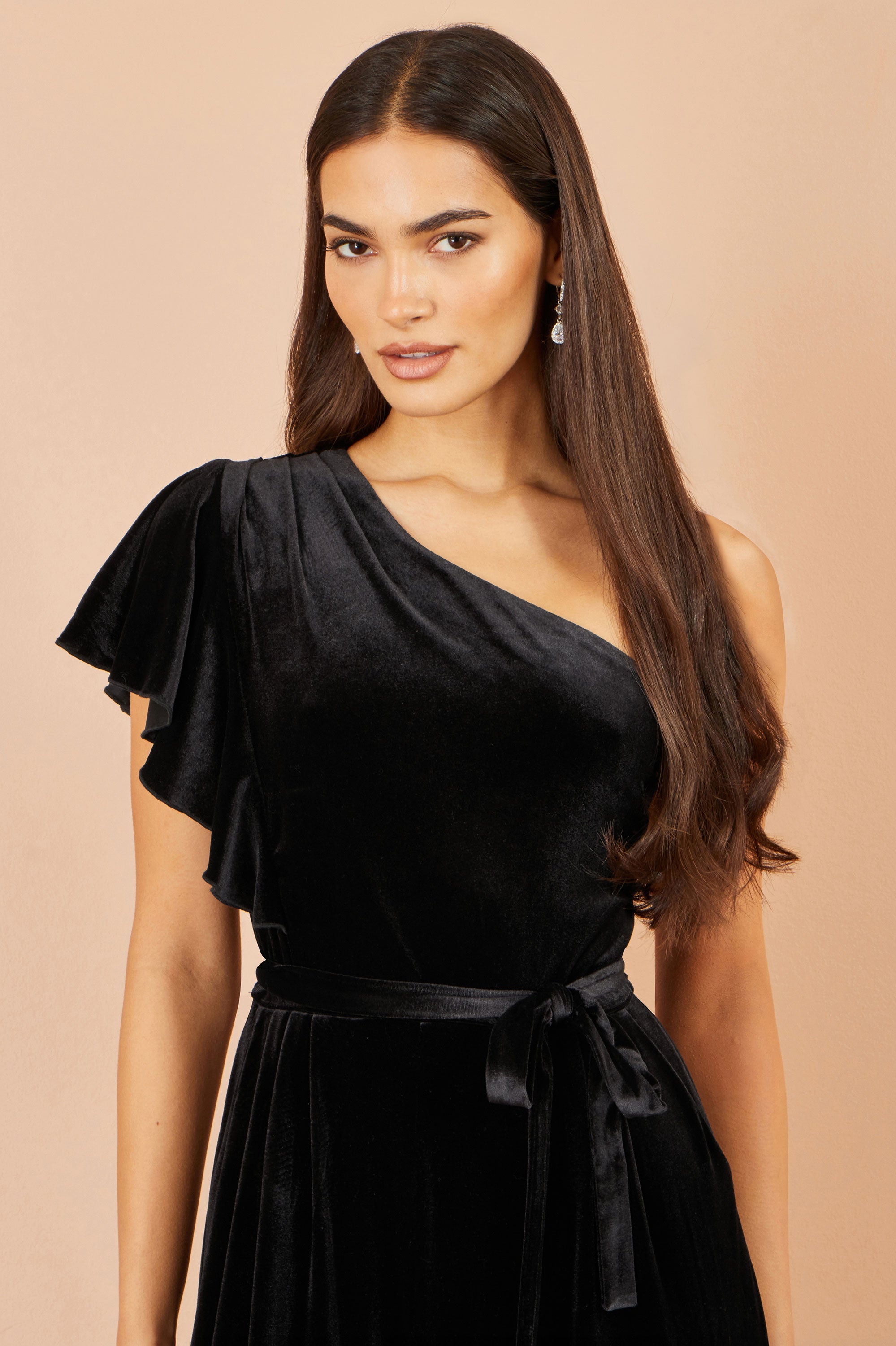 Black One Shoulder Velvet Jumpsuit