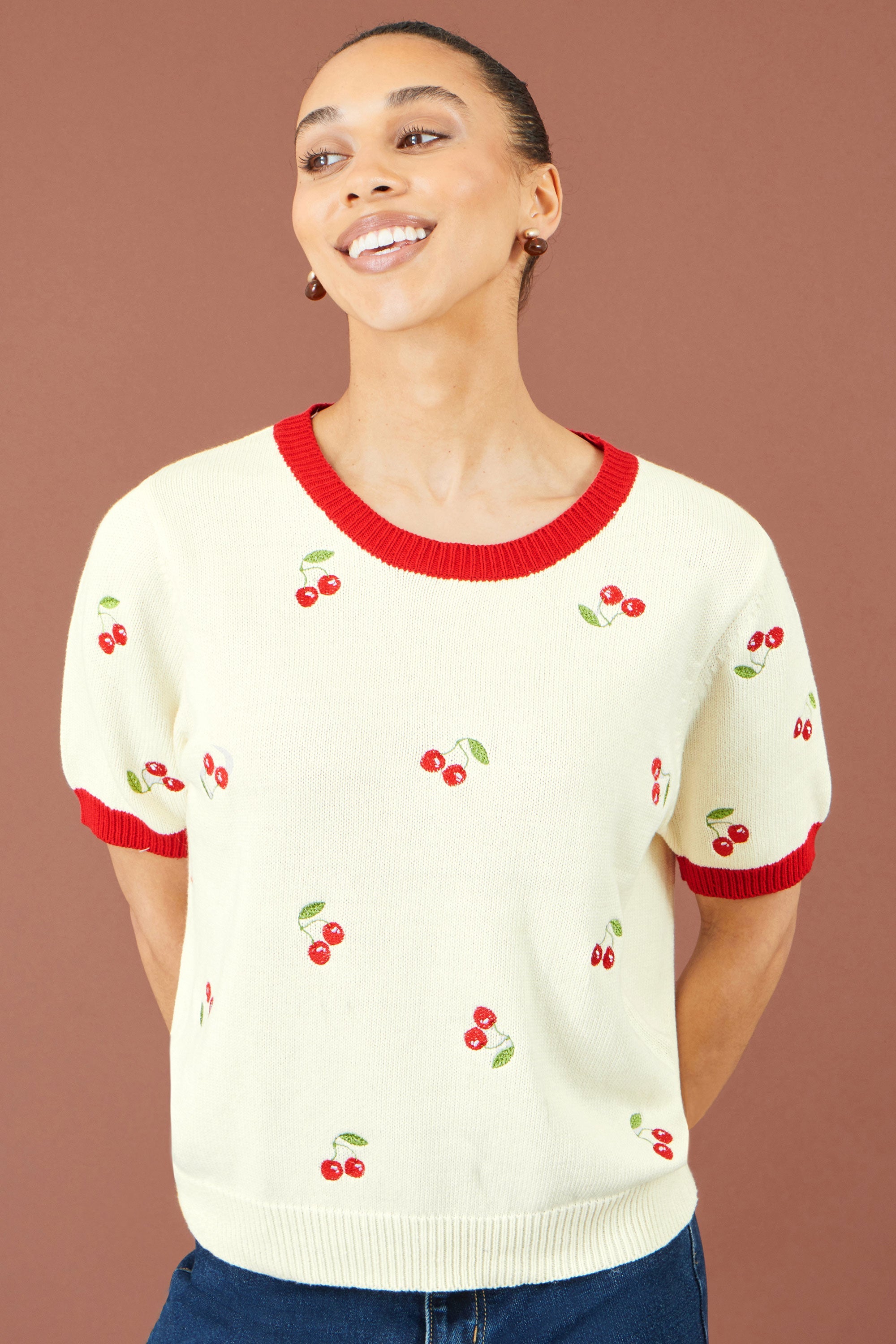 Ivory Cherry Cotton Knitted Top