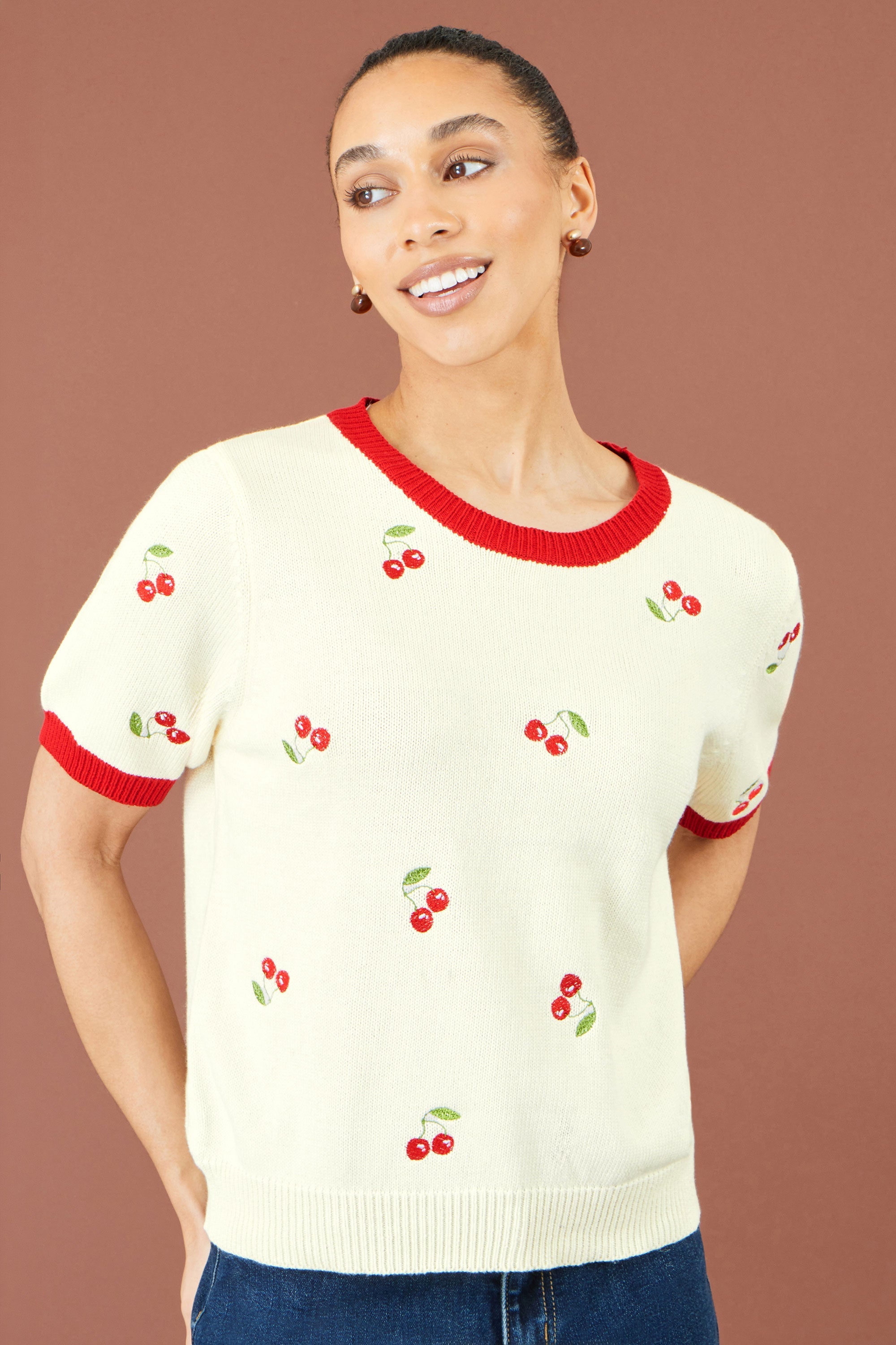 Ivory Cherry Cotton Knitted Top
