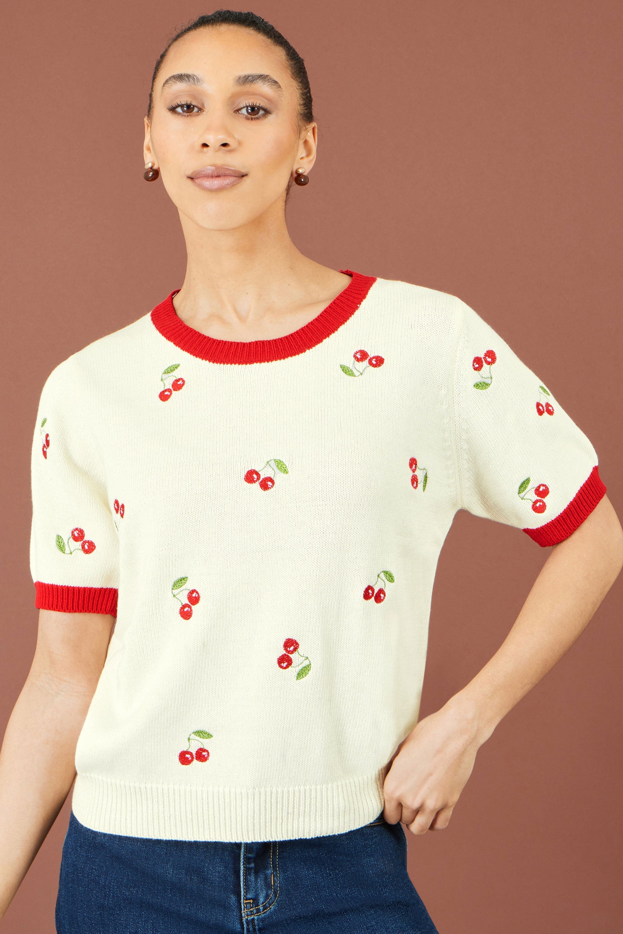 Ivory Cherry Cotton Knitted Top