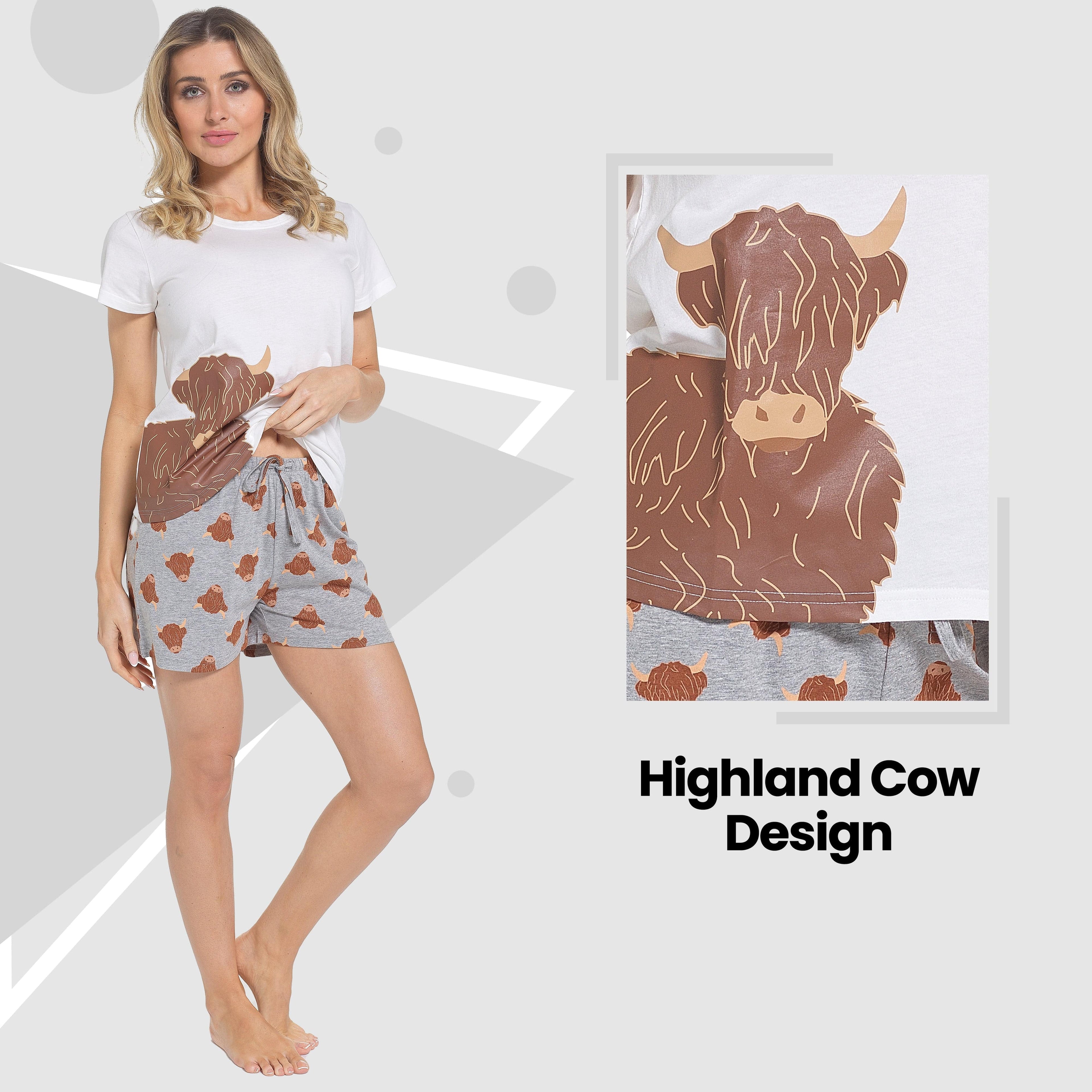 Women's Highland Cow Pyjama Set T Shirt And Shorts PJs Soft Cotton Easy-Care Super Soft Sleep Set