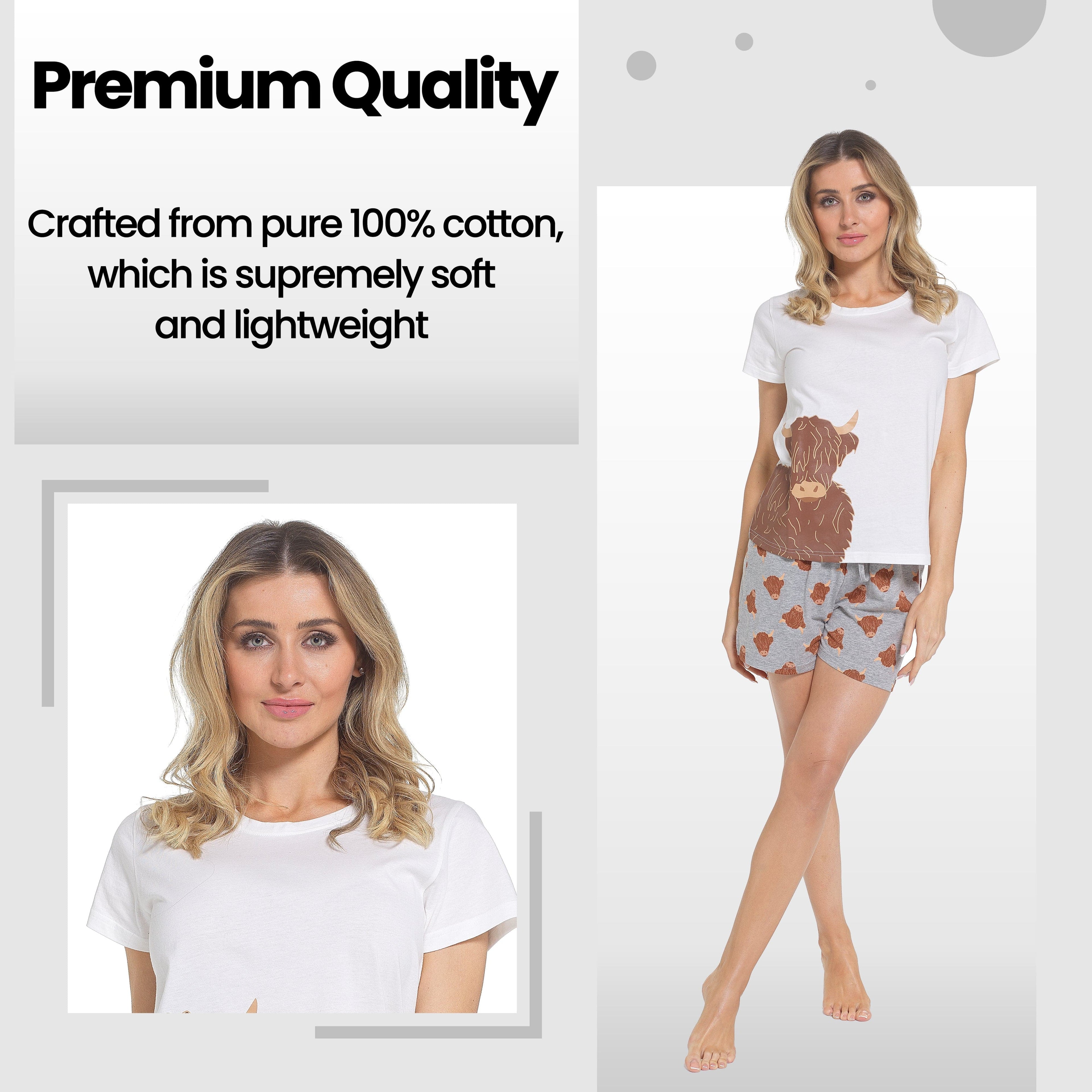 Women's Highland Cow Pyjama Set T Shirt And Shorts PJs Soft Cotton Easy-Care Super Soft Sleep Set
