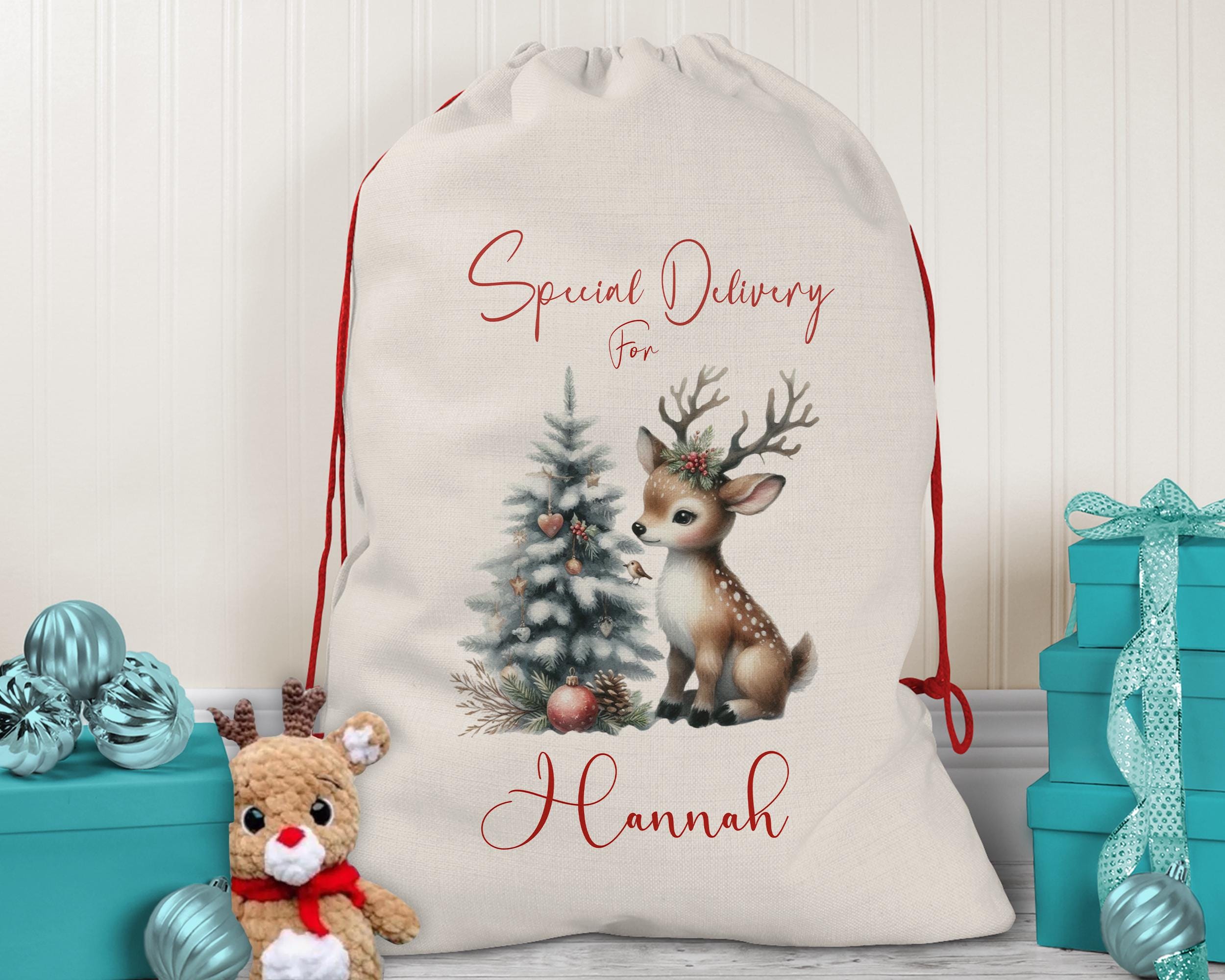 Personalised Christmas Sack - Santa Sack for Kids Presents Xmas Reindeer Tree Design Stocking Christmas Eve Bag Box for Girls & Boys XS019