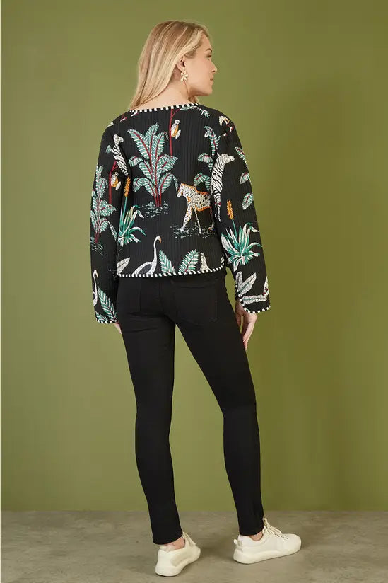 Black Animal Print Reversible Cotton Cropped Quilted Jacket