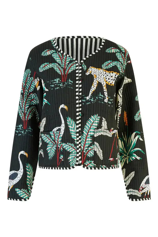 Black Animal Print Reversible Cotton Cropped Quilted Jacket