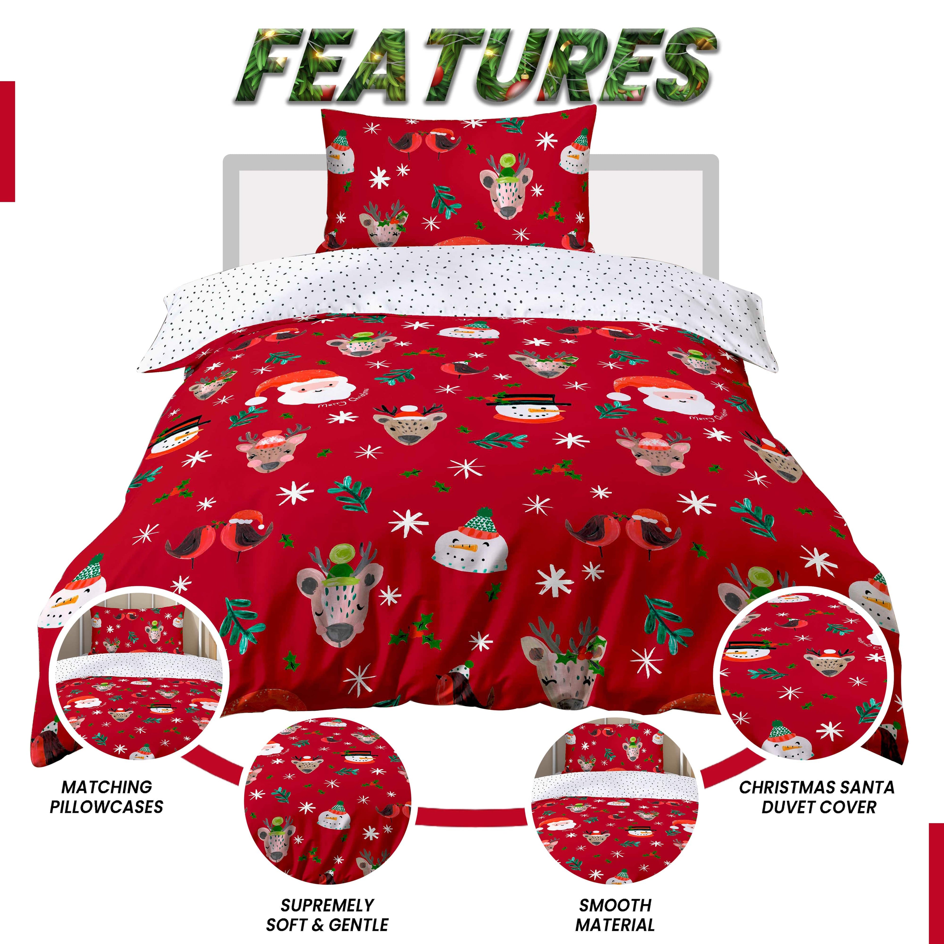 OLIVIA ROCCO Santa Duvet Cover Set With Pillowcases Reversible Xmas Snow-White Design