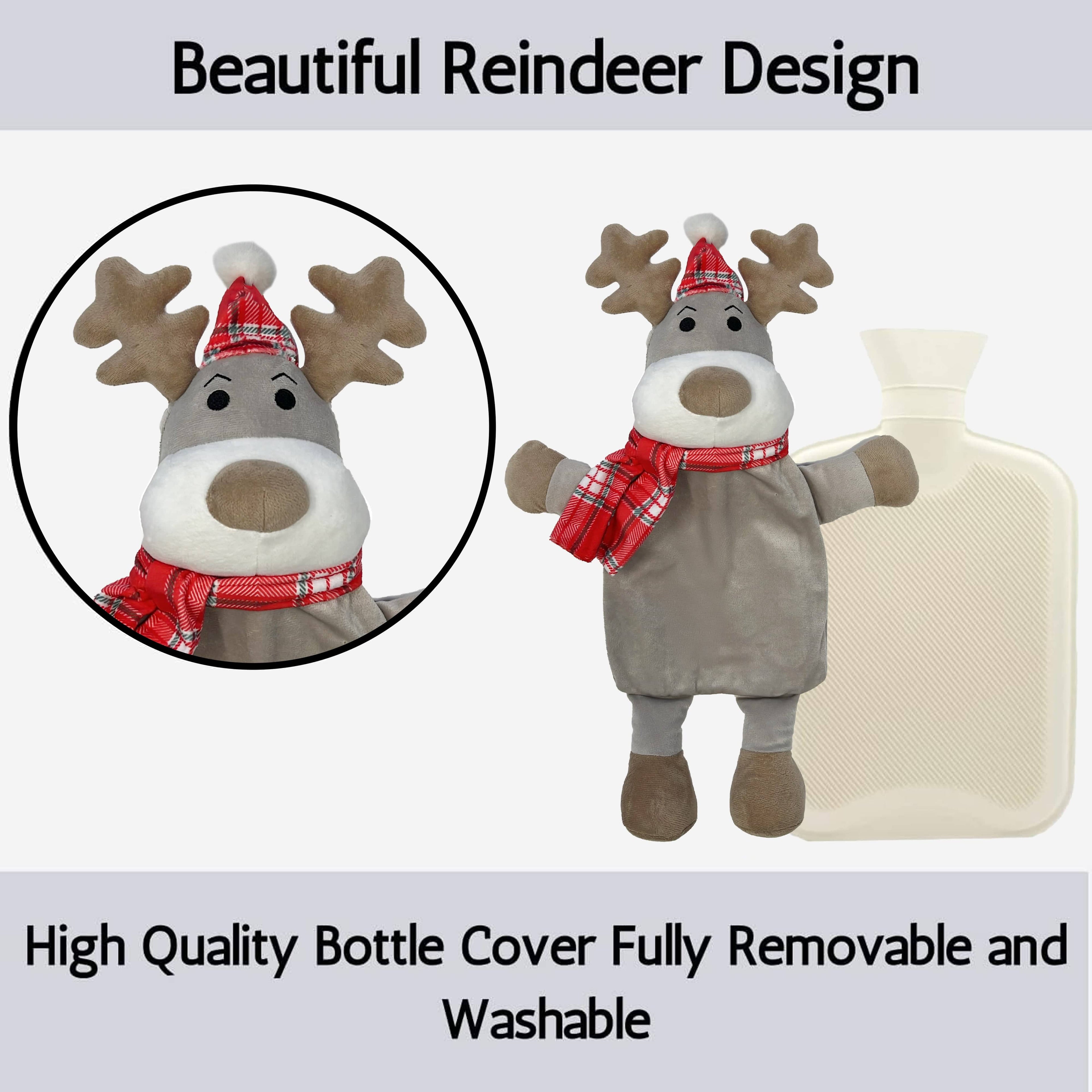 OLIVIA ROCCO Hot Water Bottle With Festive Reindeer Cover 1L Natural Rubber UK Safety