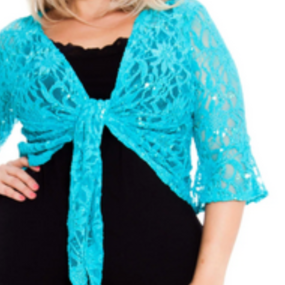 SEQUIN LACE 1/2 BELL SLEEVE TIE FRONT SHRUG / BOLERO JACKET