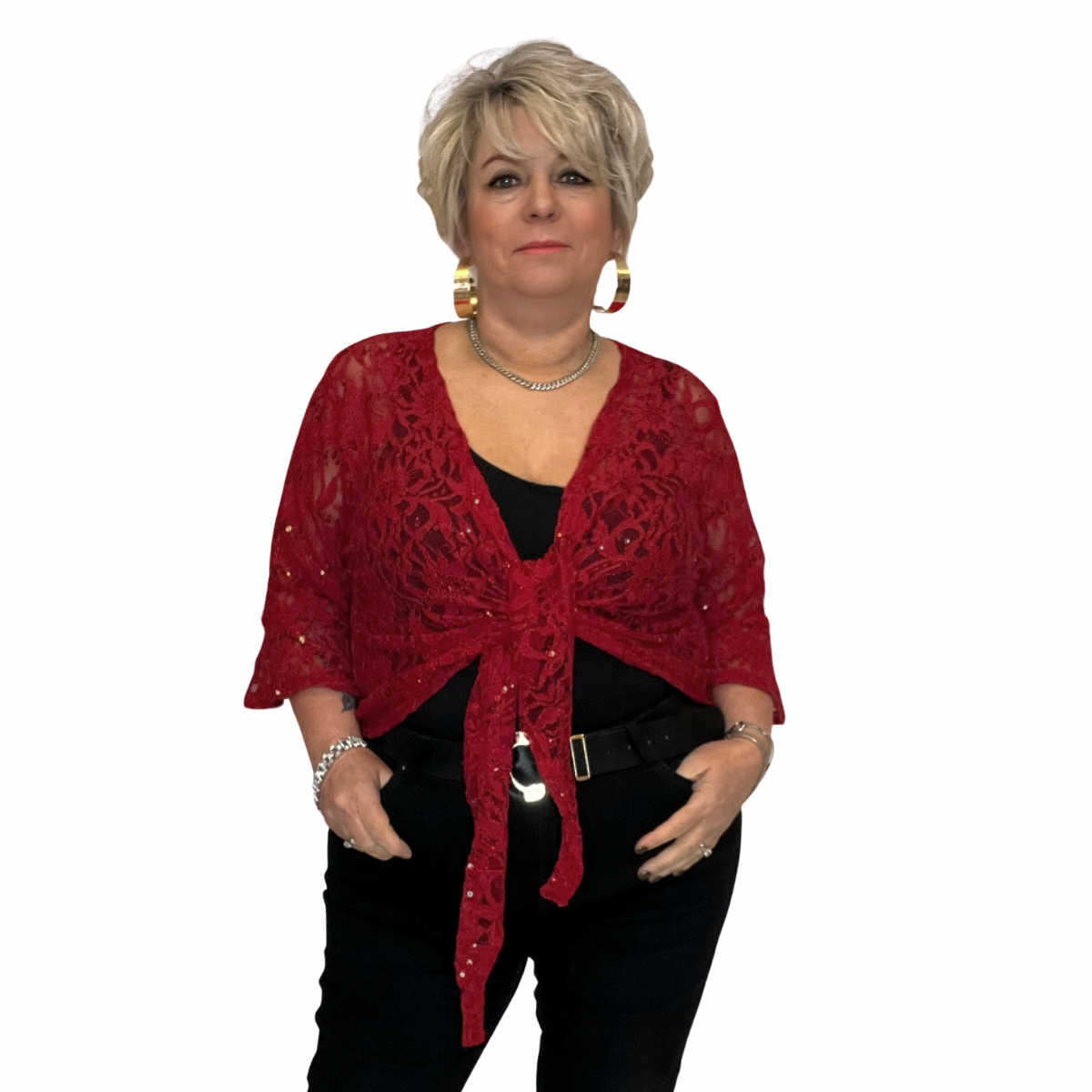 SEQUIN LACE 1/2 BELL SLEEVE TIE FRONT SHRUG / BOLERO JACKET