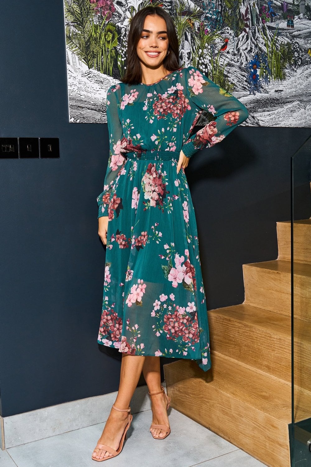Urban Touch Green Floral Print Long Sleeve Dress
