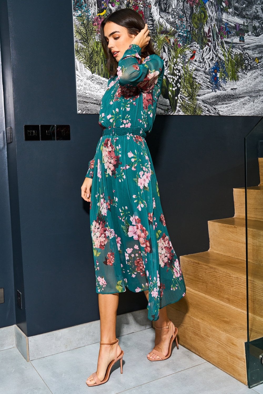Urban Touch Green Floral Print Long Sleeve Dress