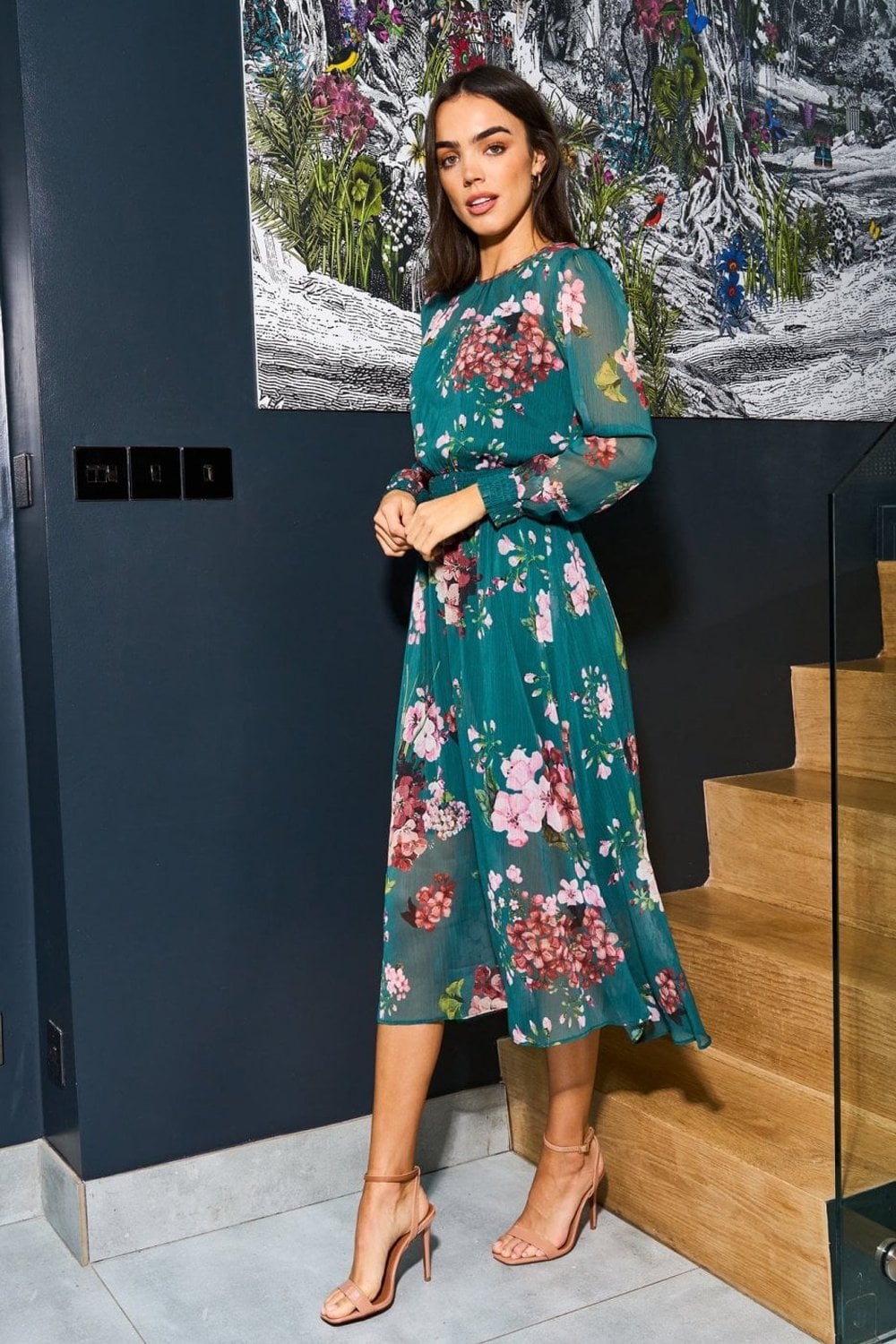 Urban Touch Green Floral Print Long Sleeve Dress